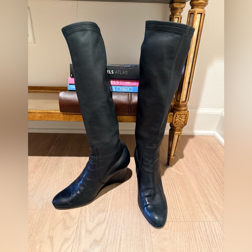 Salvatore Ferragamo Black Leather Tall Mid Calf Wedge Boots